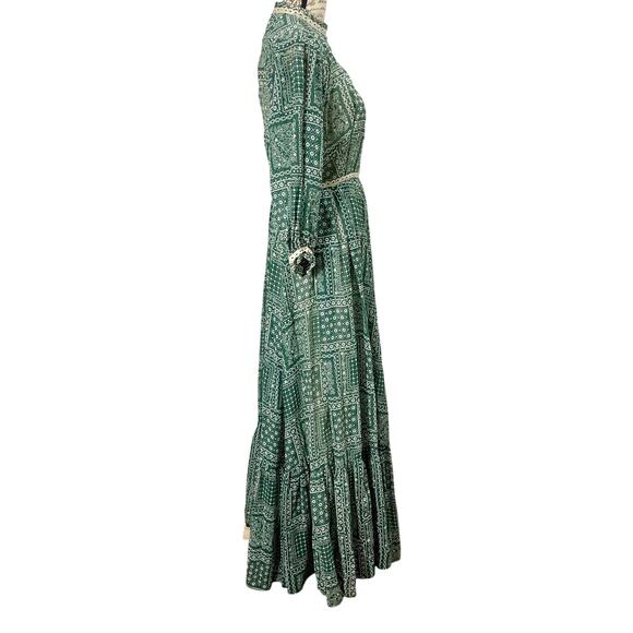 Vintage 70s Susan Small Boho Green Floral Patchwork Print Maxi Prairie Dress - Picture 2 of 15